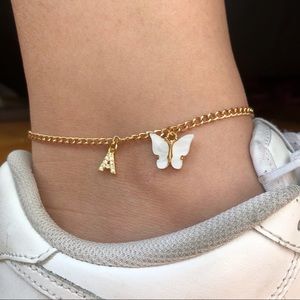 Gold Curb Custom Initial Letter Butterfly Anklet